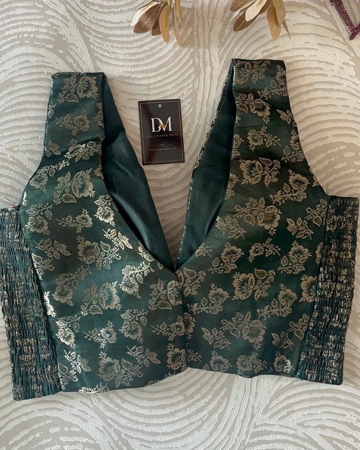 Bottle Green Banarasi Stretchable Blouse Sleeveless