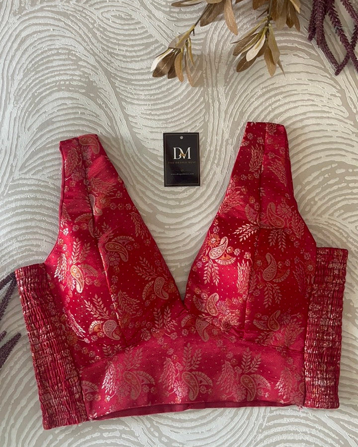 Red Banarasi Stretchable Blouse Sleeveless