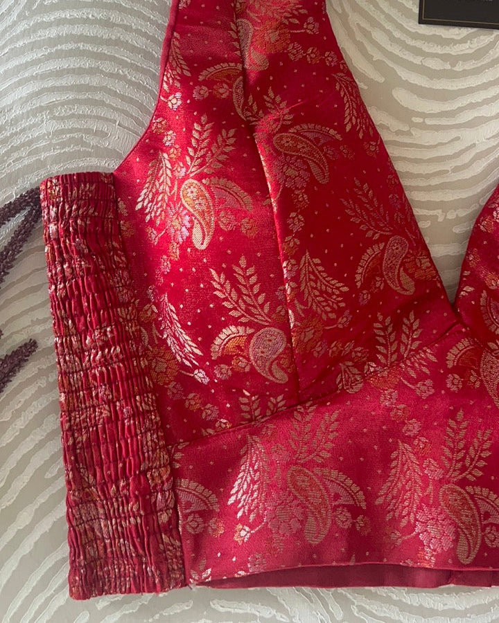 Red Banarasi Stretchable Blouse Sleeveless