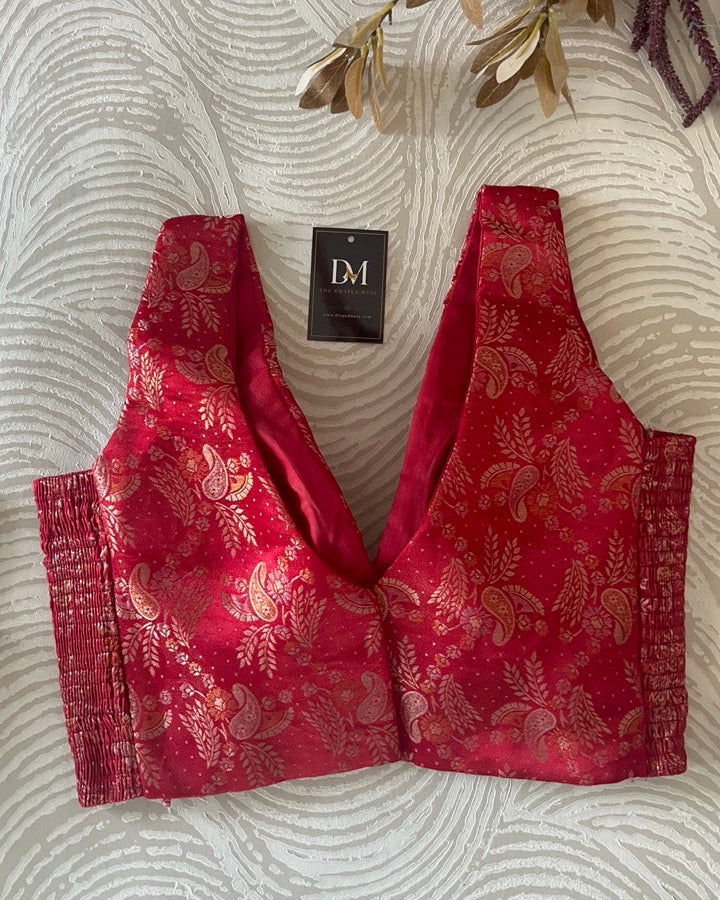 Red Banarasi Stretchable Blouse Sleeveless