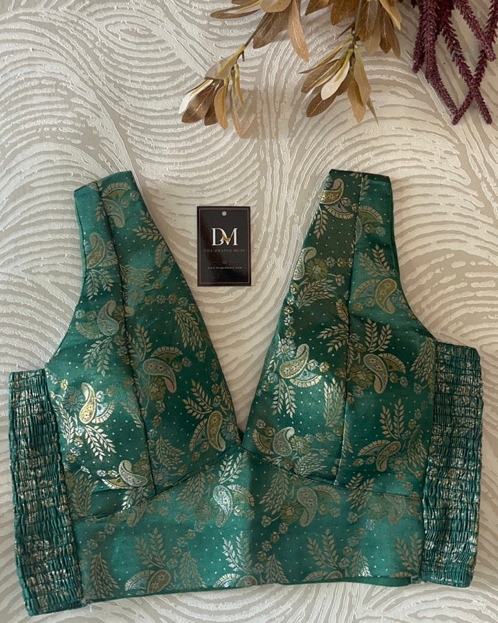 Dark Green Banarasi Stretchable Blouse Sleeveless