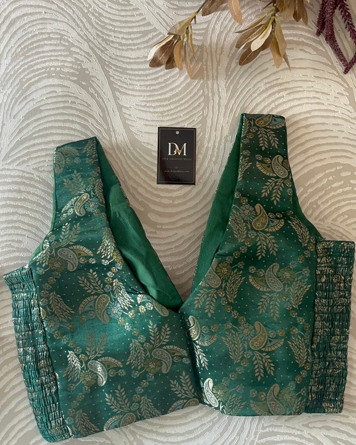 Dark Green Banarasi Stretchable Blouse Sleeveless