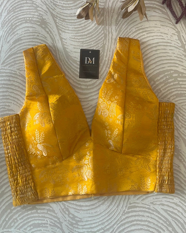 Yellow Banarasi Stretchable Blouse Sleeveless
