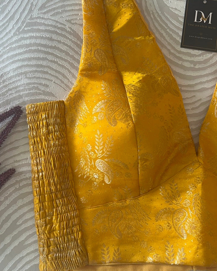 Yellow Banarasi Stretchable Blouse Sleeveless