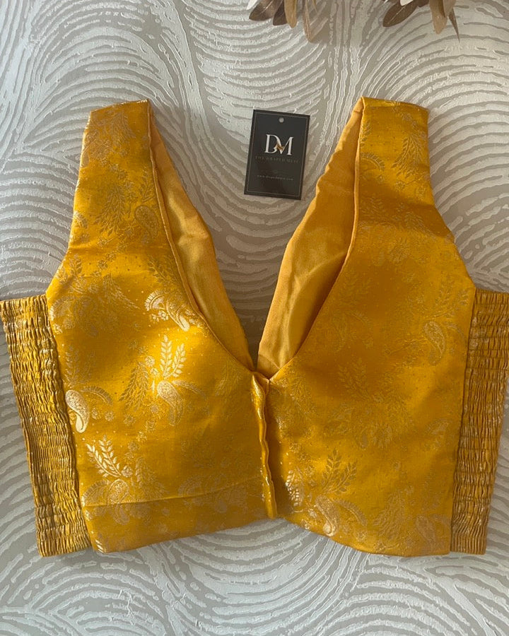 Yellow Banarasi Stretchable Blouse Sleeveless