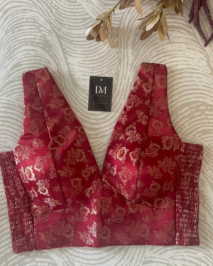 Dark Red Banarasi Stretchable Blouse Sleeveless