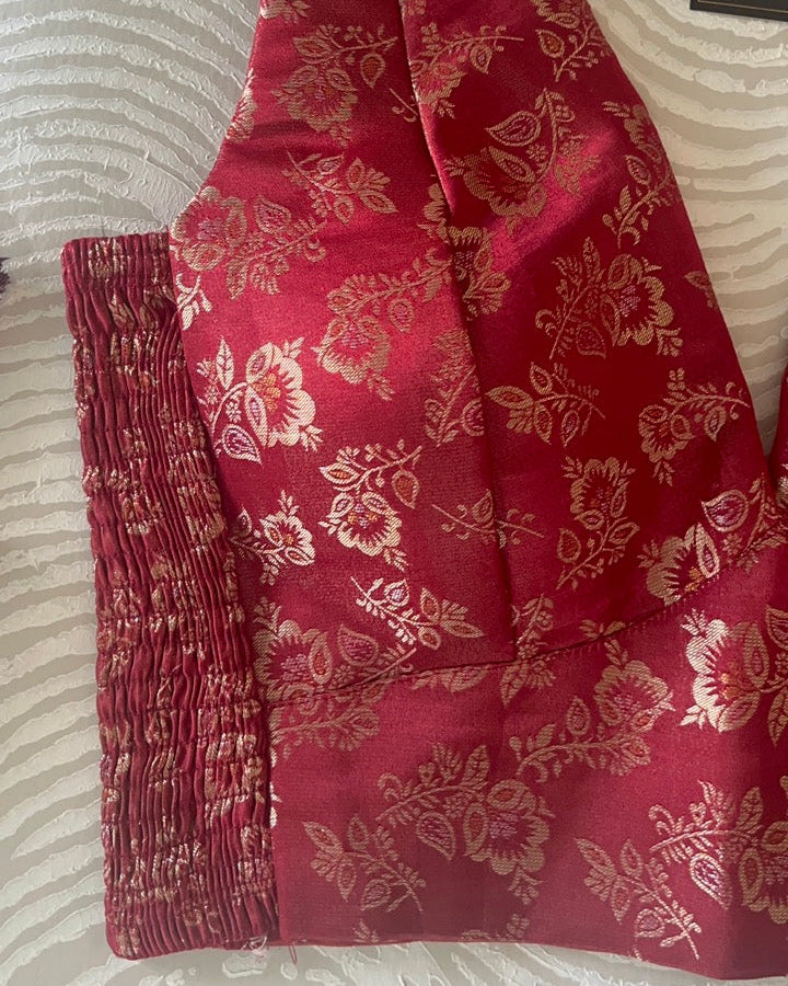 Dark Red Banarasi Stretchable Blouse Sleeveless