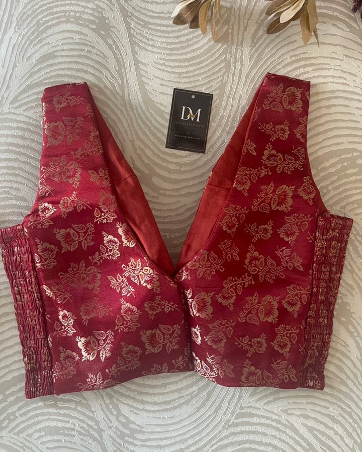 Dark Red Banarasi Stretchable Blouse Sleeveless