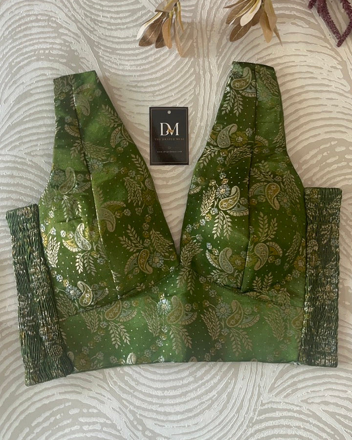 Light Green Banarasi Stretchable Blouse Sleeveless