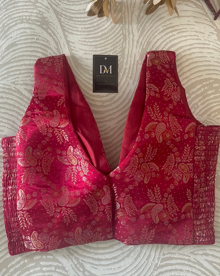 Rani Pink Banarasi Stretchable Blouse Sleeveless