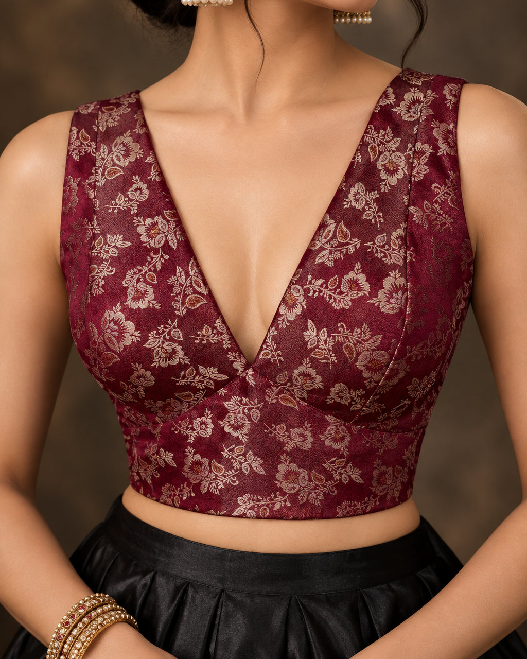 Maroon Banarasi Stretchable Blouse Sleeveless