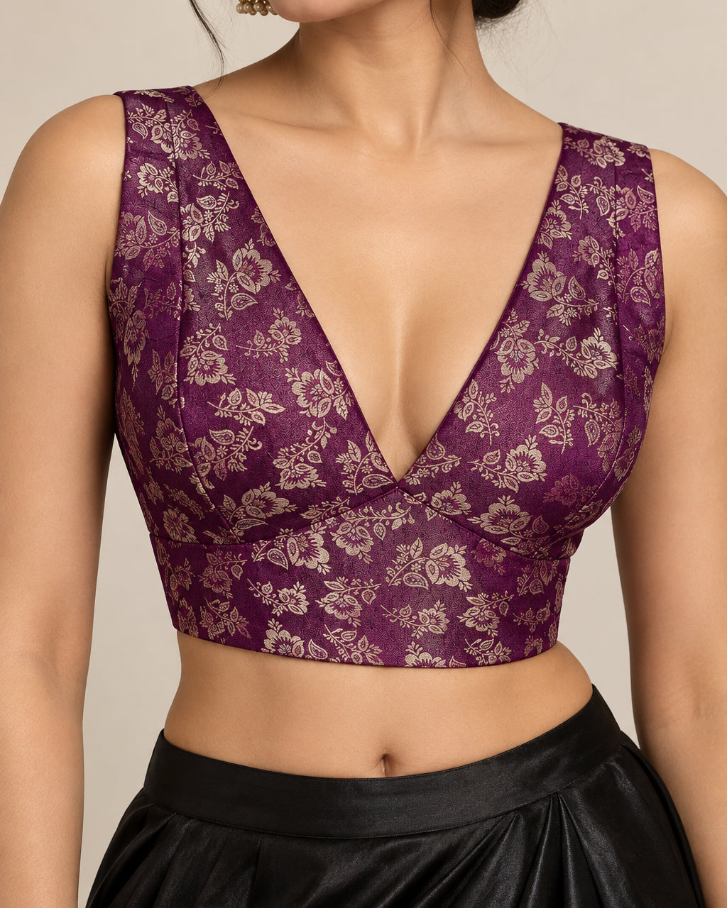 Purple Banarasi Stretchable Blouse Sleeveless