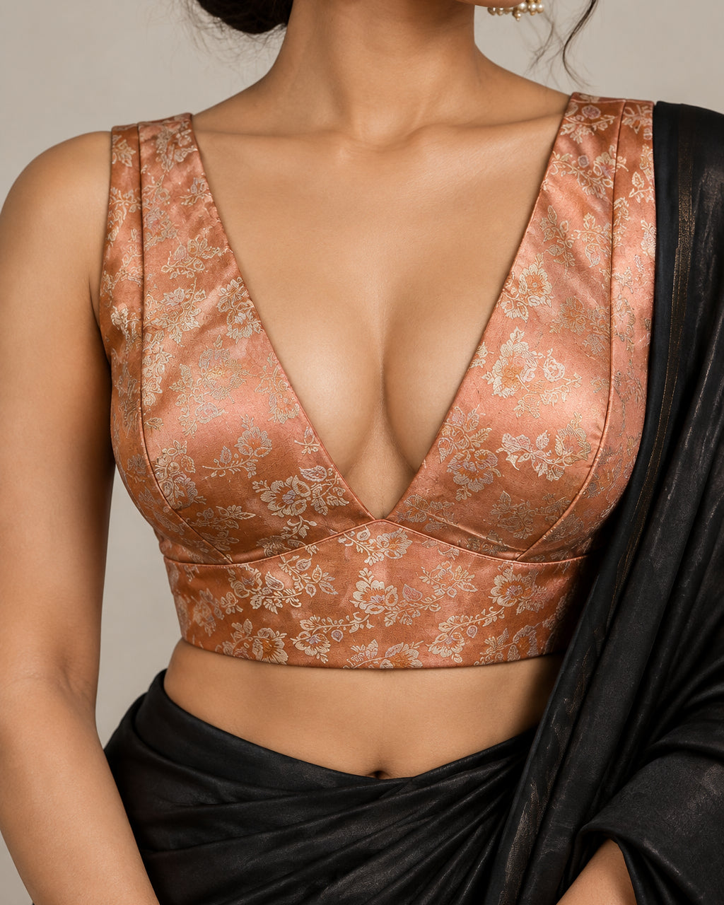 Peach Banarasi Stretchable Blouse Sleeveless