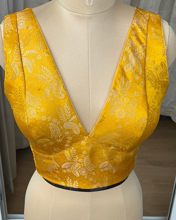 Yellow Banarasi Stretchable Blouse Sleeveless