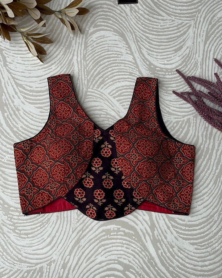 Red And Black Ajrakh Cotton Corset Blouse
