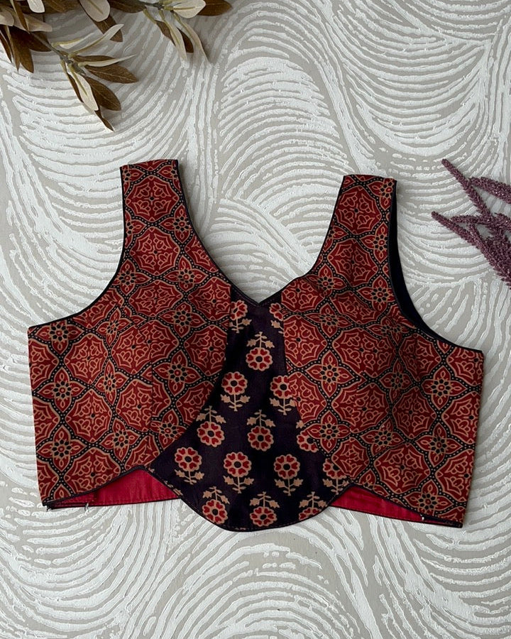 Red And Black Ajrakh Cotton Corset Blouse
