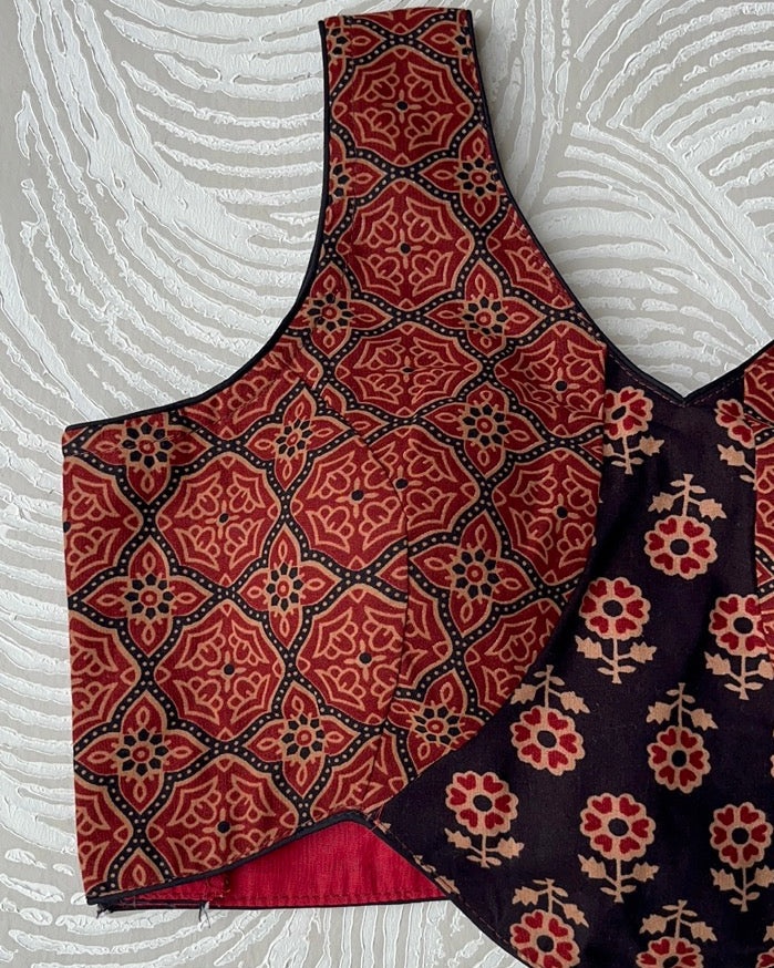 Red And Black Ajrakh Cotton Corset Blouse