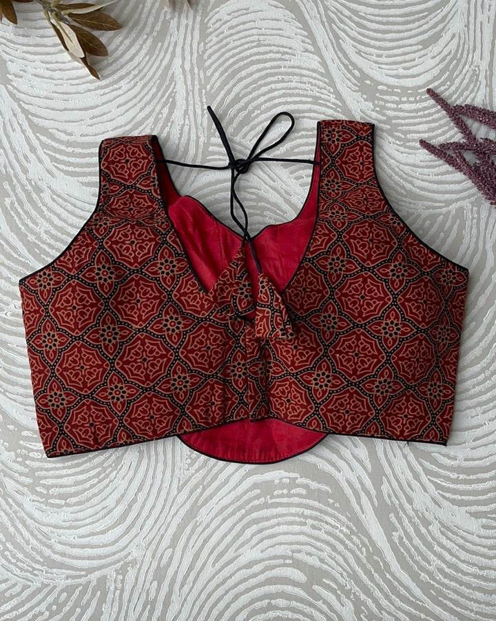 Red And Black Ajrakh Cotton Corset Blouse