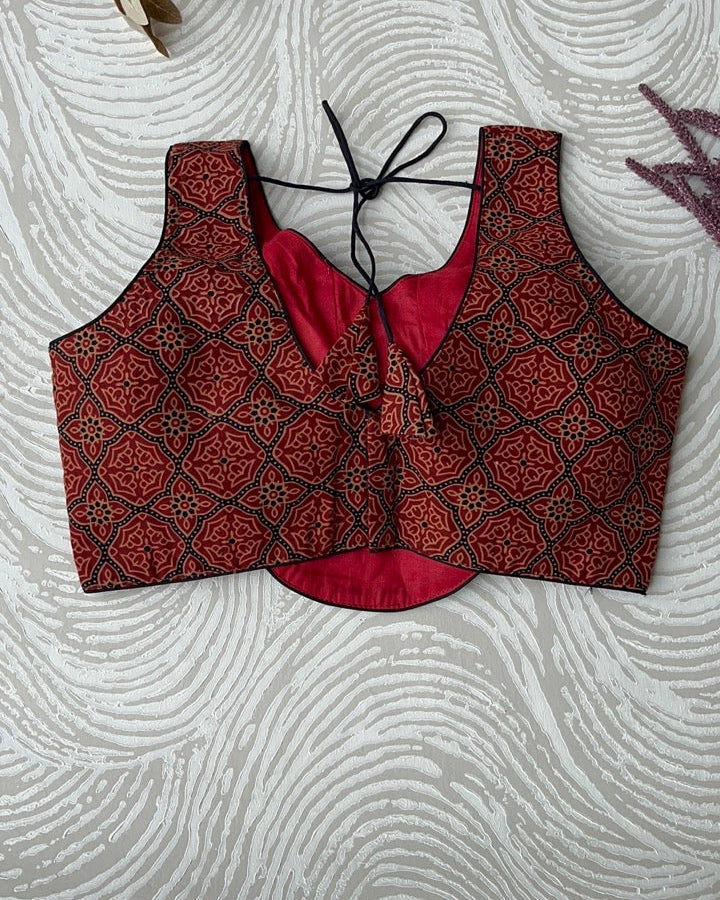 Red And Black Ajrakh Cotton Corset Blouse