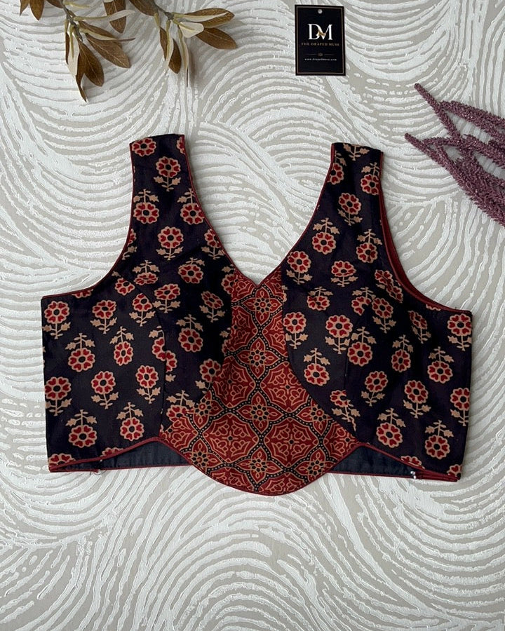 Red And Black Ajrakh Cotton Corset Blouse