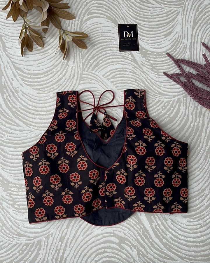 Red And Black Ajrakh Cotton Corset Blouse