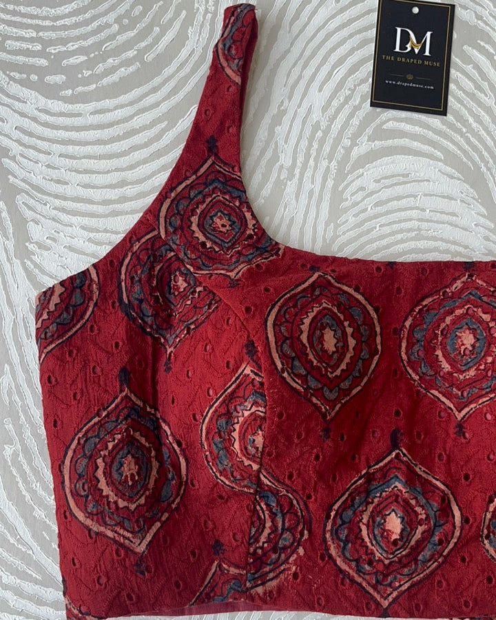 Red Ajrakh Blouse in Premium Hakoba Cotton