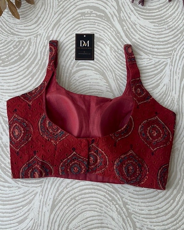 Red Ajrakh Blouse in Premium Hakoba Cotton