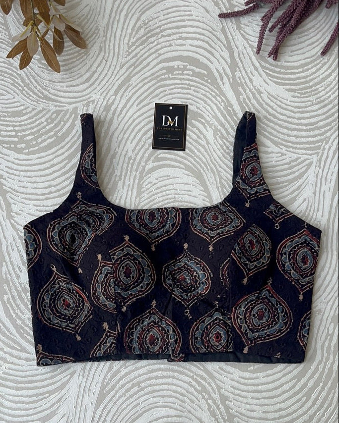Black Ajrakh Blouse in Premium Hakoba Cotton