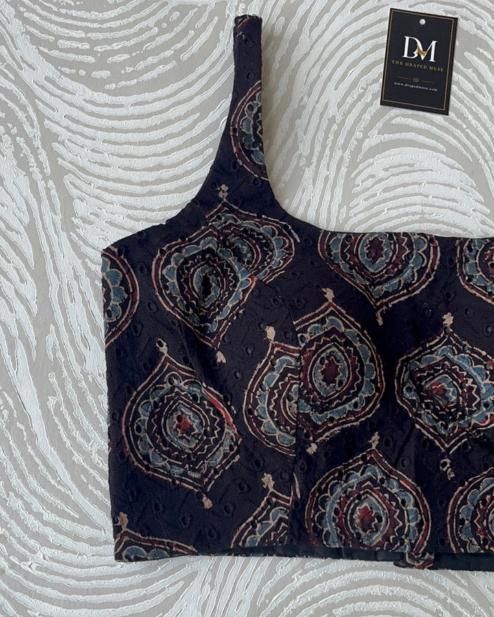 Black Ajrakh Blouse in Premium Hakoba Cotton