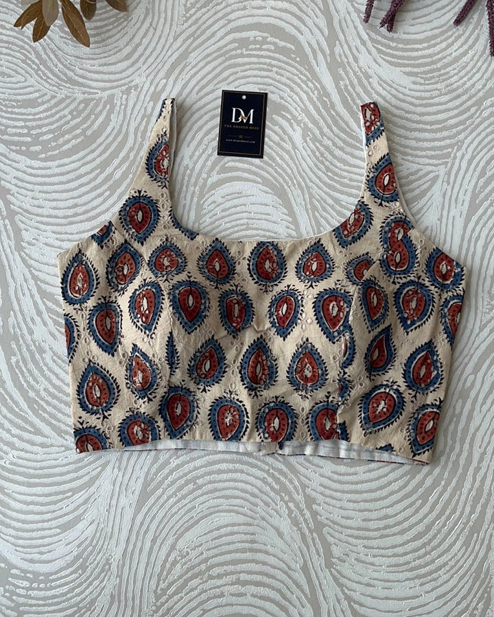 Cream Ajrakh Blouse in Premium Hakoba Cotton