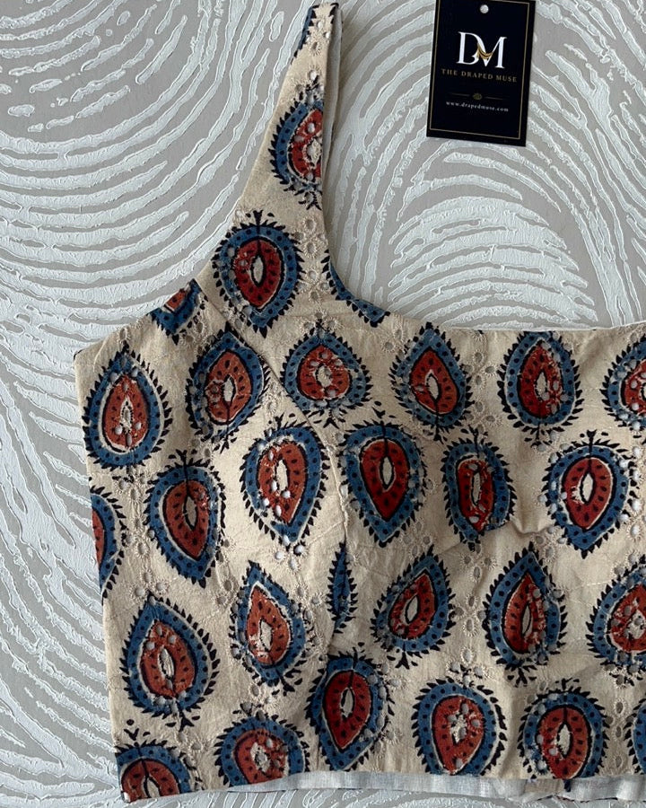 Cream Ajrakh Blouse in Premium Hakoba Cotton