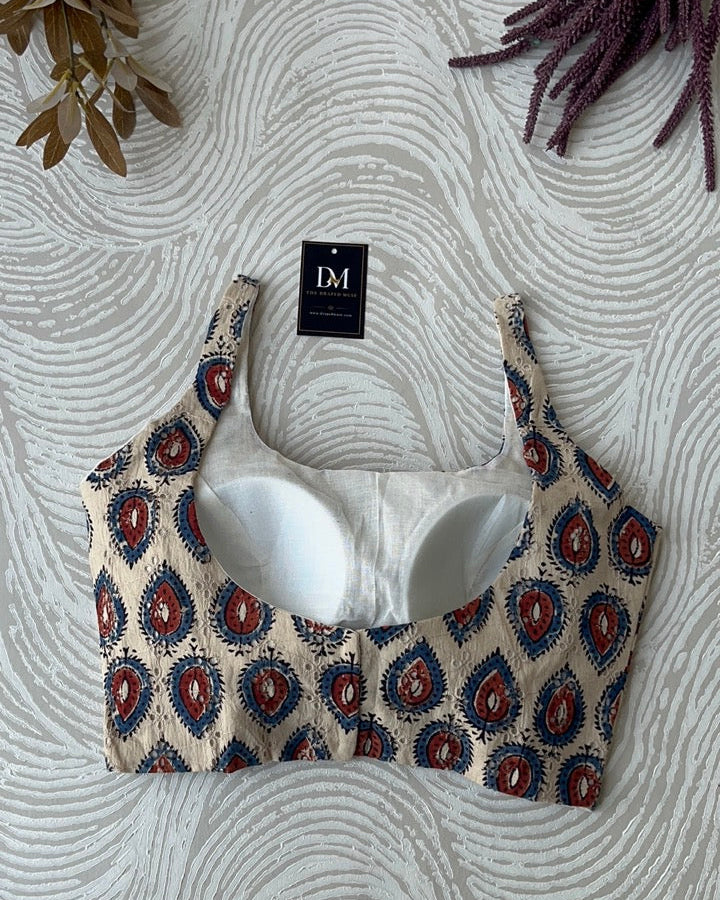 Cream Ajrakh Blouse in Premium Hakoba Cotton