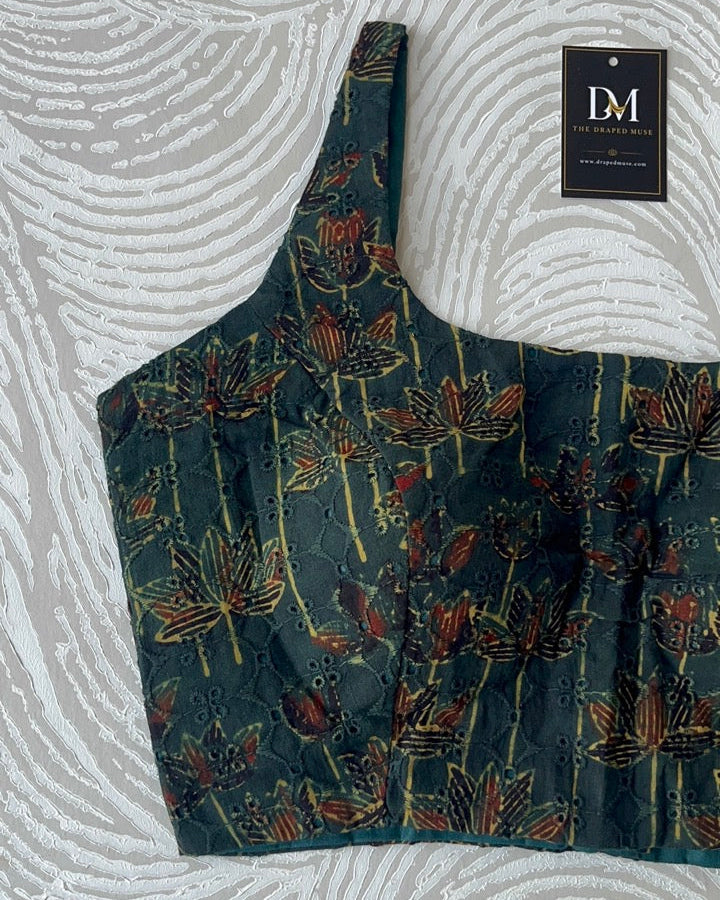 Green Ajrakh Blouse in Premium Hakoba Cotton