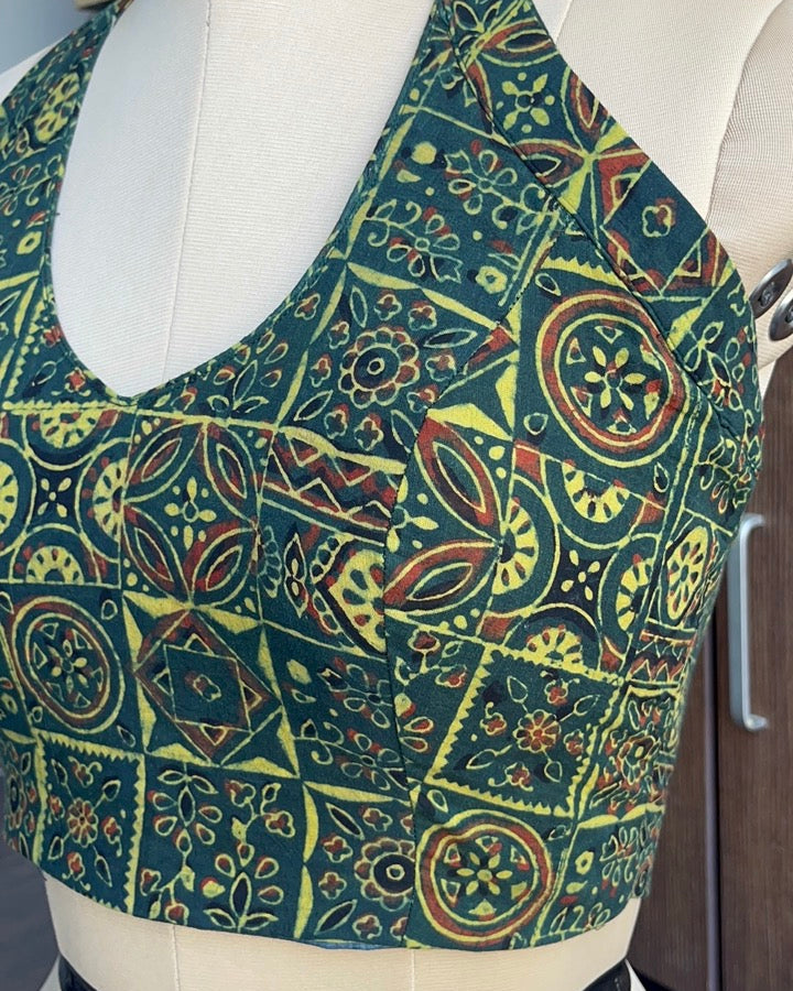 Green Ajrakh Cotton Halter Neck Blouse