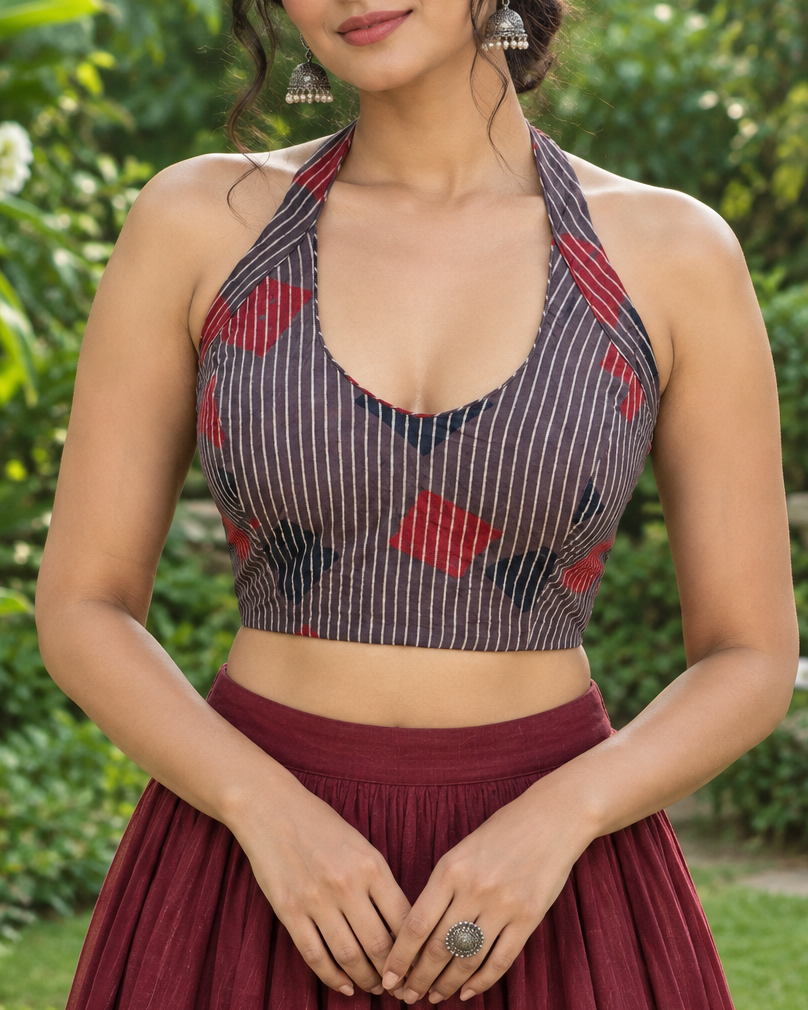 Brown Ajrakh Striped Cotton Halter Neck Blouse