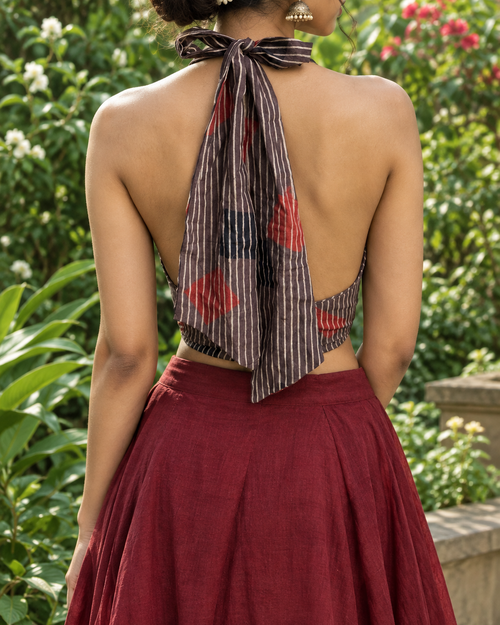 Brown Ajrakh Striped Cotton Halter Neck Blouse