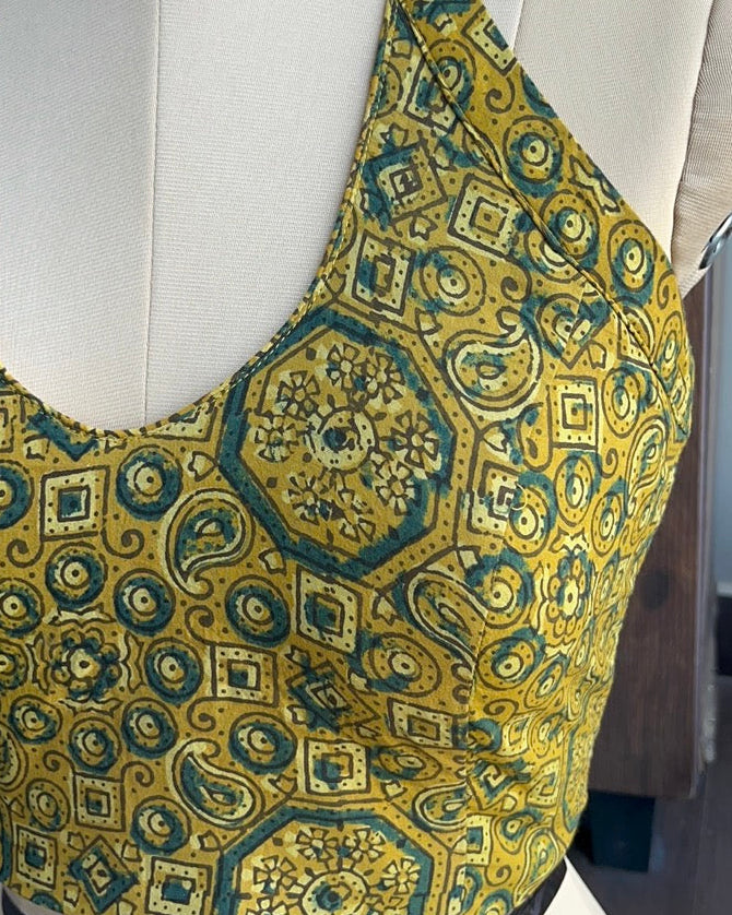 Mustard  Yellow Ajrakh Cotton Halter Neck Blouse