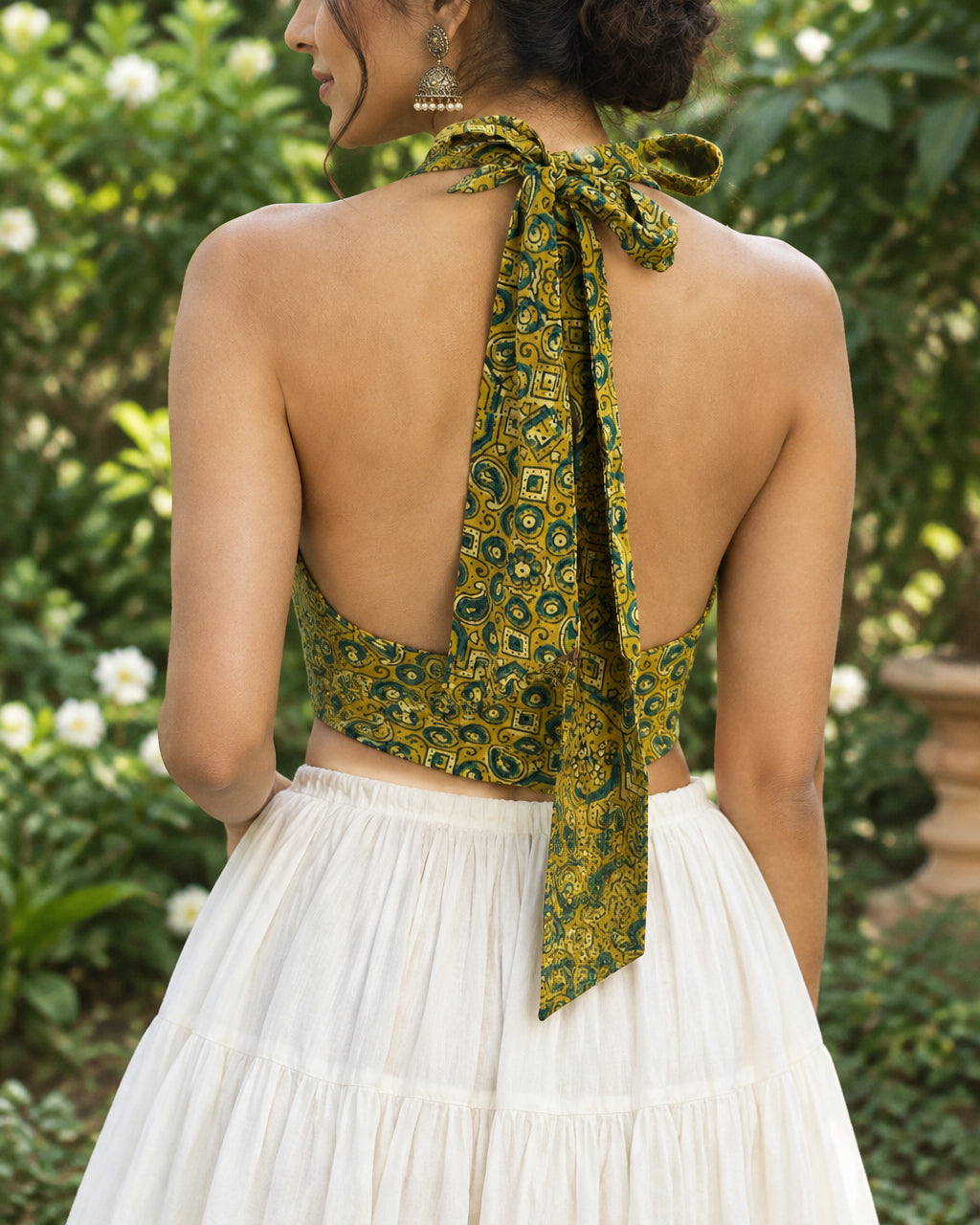 Mustard  Yellow Ajrakh Cotton Halter Neck Blouse