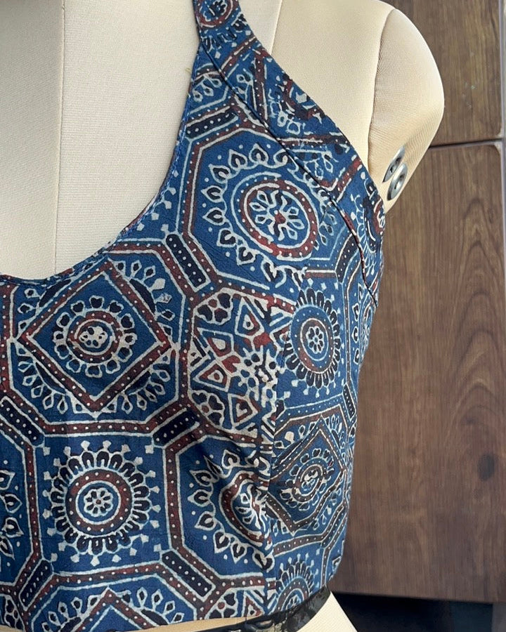 Indigo Ajrakh Cotton Halter Neck Blouse