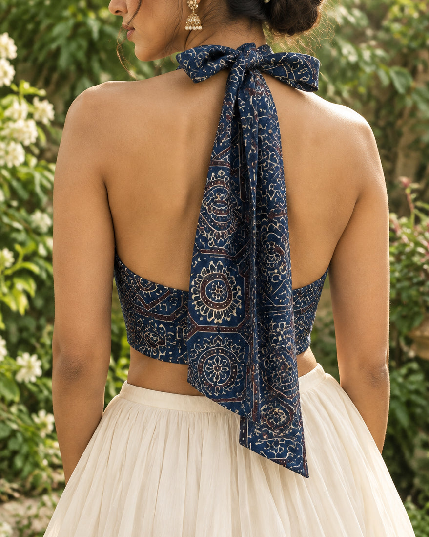 Indigo Ajrakh Cotton Halter Neck Blouse