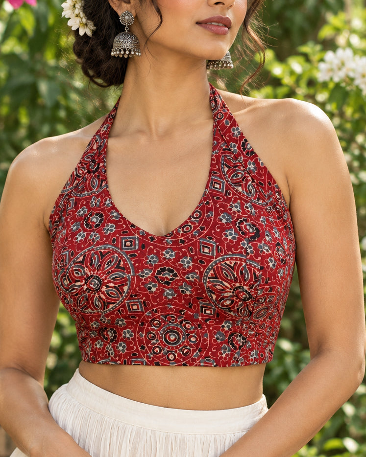 Red Ajrakh Cotton Halter Neck Blouse