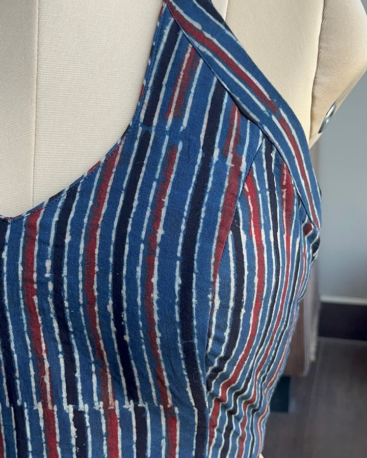 Indigo Ajrakh Striped Cotton Halter Neck Blouse