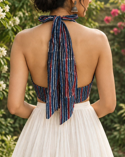 Indigo Ajrakh Striped Cotton Halter Neck Blouse