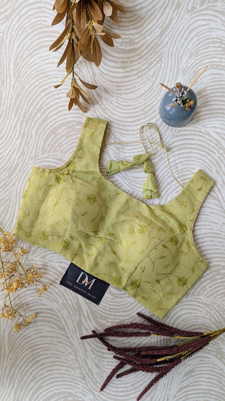 Green Self Embroidered Cotton Blouse - Readymade Saree Blouse