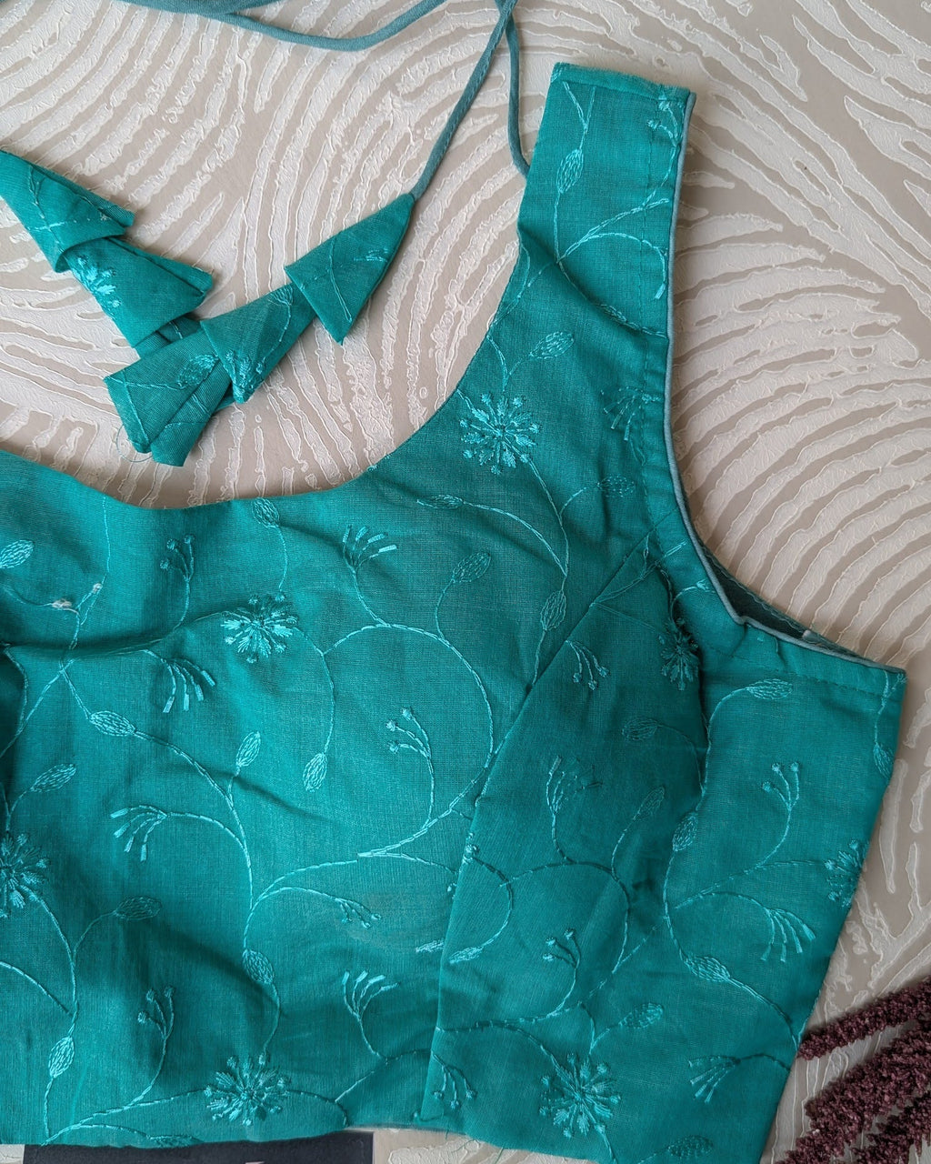 Blue Self Embroidered Cotton Blouse - Readymade Saree Blouse