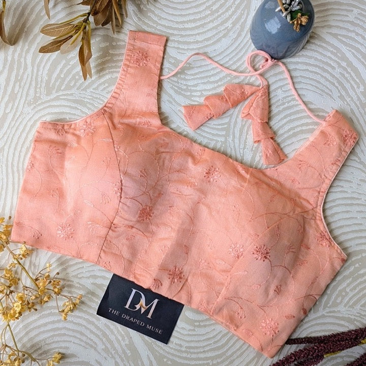Peach Self Embroidered Cotton Blouse - Readymade Saree Blouse
