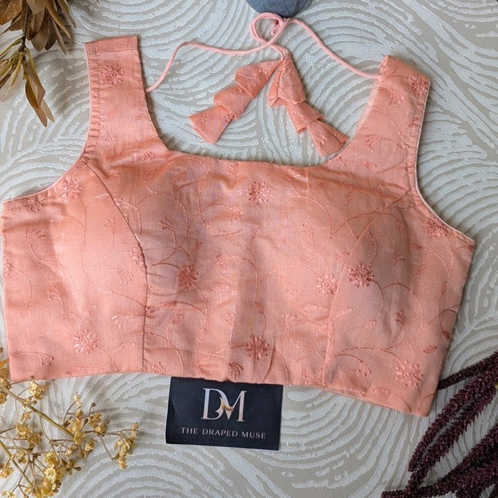 Peach Self Embroidered Cotton Blouse - Readymade Saree Blouse