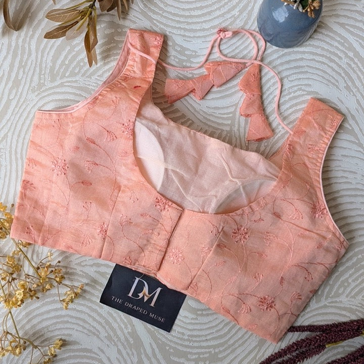 Peach Self Embroidered Cotton Blouse - Readymade Saree Blouse