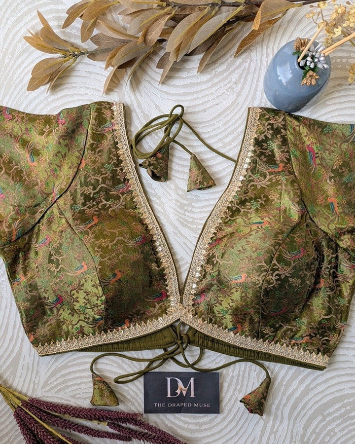 Green Plunging Neck Blouse - Readymade Saree Blouse