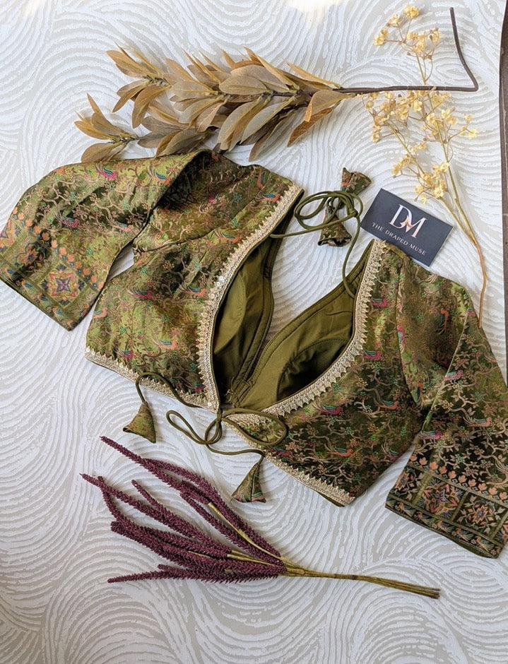Green Plunging Neck Blouse - Readymade Saree Blouse